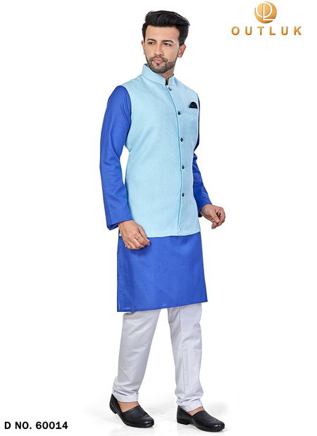 Blue Colour Outluk Vol 60 Festive Wear Kurta Pajama With Jacket Mens Collection 60014
